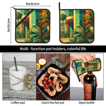 Square Heat Resistant Pads Set of 2 – Kitchen and Dining Protectors with Modern Architecture & Tropical Plant Design