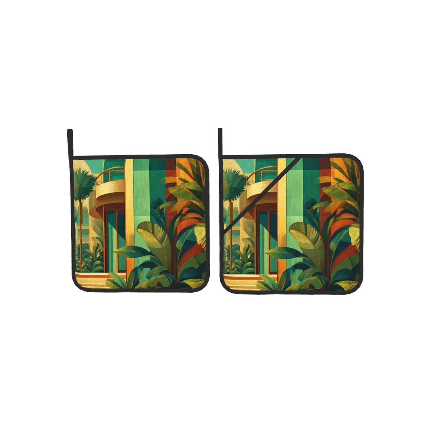 Square Heat Resistant Pads Set of 2 – Kitchen and Dining Protectors with Modern Architecture & Tropical Plant Design
