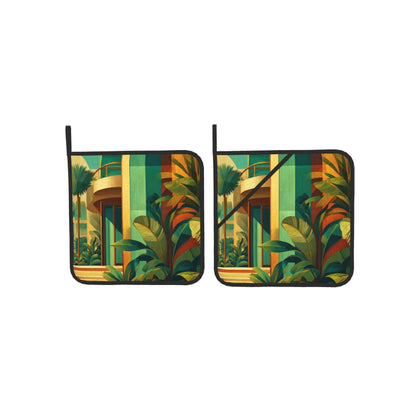Square Heat Resistant Pads Set of 2 – Kitchen and Dining Protectors with Modern Architecture & Tropical Plant Design