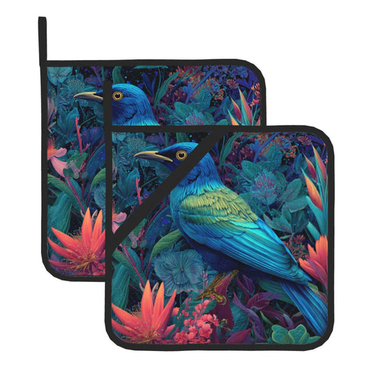 Square Heat Resistant Pads Set of 2 – Kitchen and Dining Protectors with Blue Tropical Bird & Floral Design