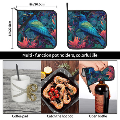 Square Heat Resistant Pads Set of 2 – Kitchen and Dining Protectors with Blue Tropical Bird & Floral Design