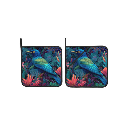 Square Heat Resistant Pads Set of 2 – Kitchen and Dining Protectors with Blue Tropical Bird & Floral Design