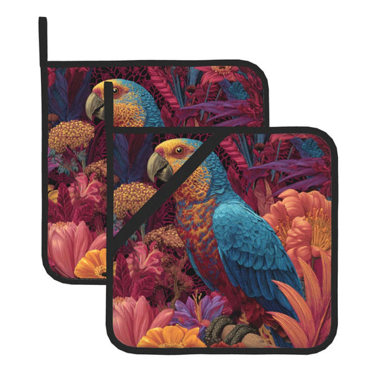 Square Heat Resistant Pads Set of 2 – Kitchen & Dining Protectors with Parrot and Floral Design