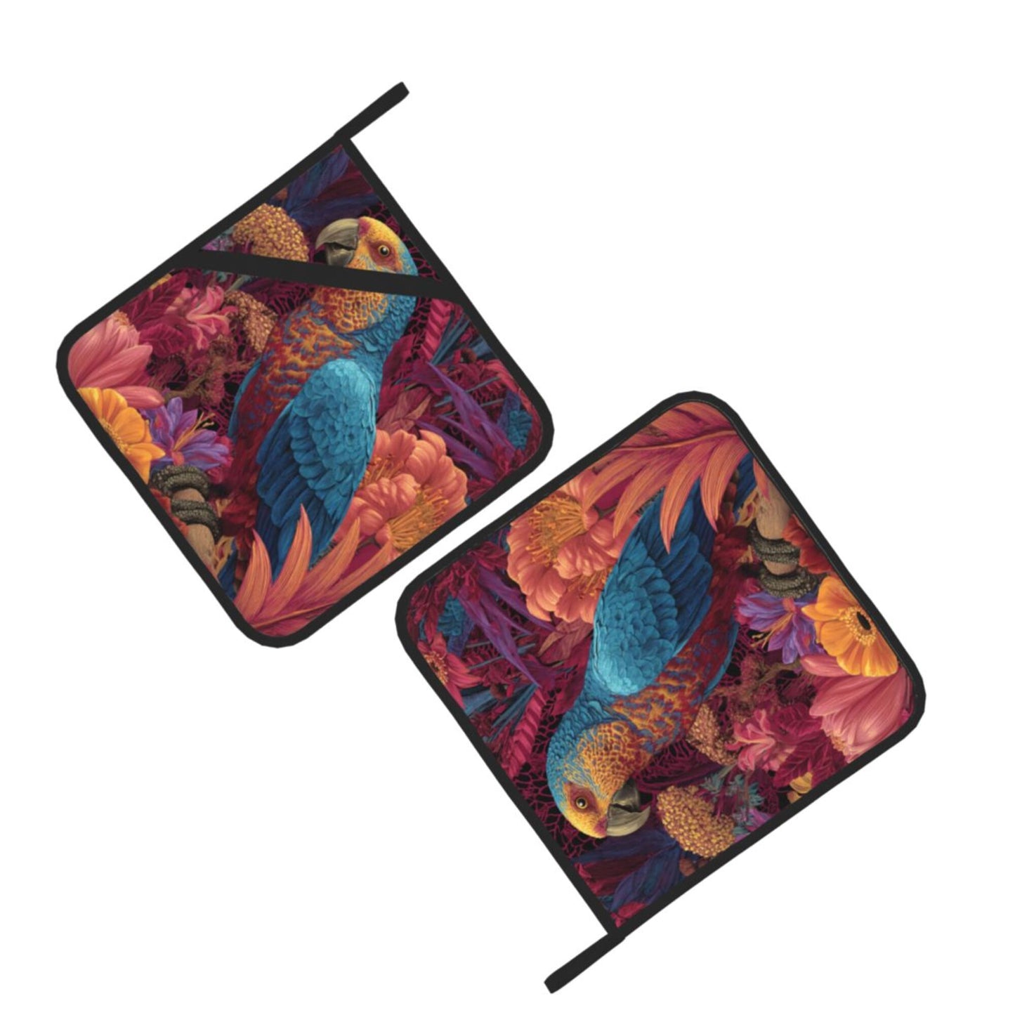 Square Heat Resistant Pads Set of 2 – Kitchen & Dining Protectors with Parrot and Floral Design