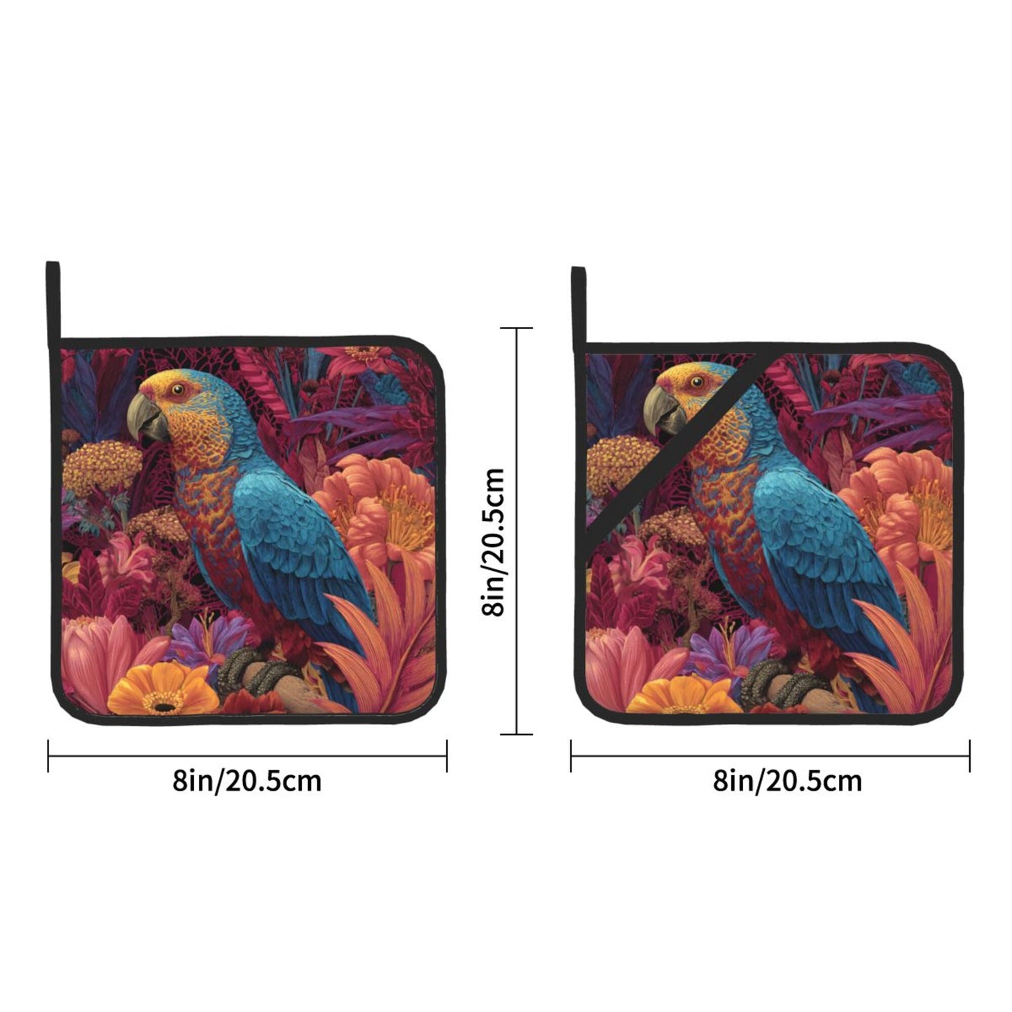 Square Heat Resistant Pads Set of 2 – Kitchen & Dining Protectors with Parrot and Floral Design