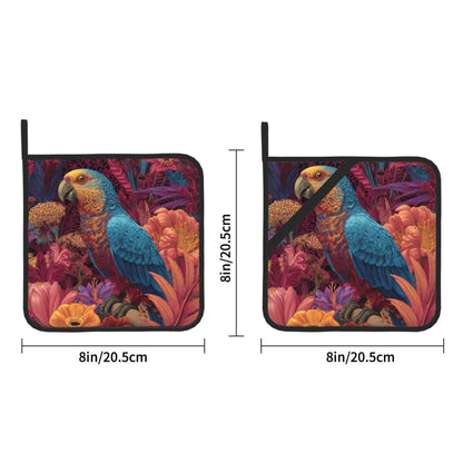 Square Heat Resistant Pads Set of 2 – Kitchen & Dining Protectors with Parrot and Floral Design