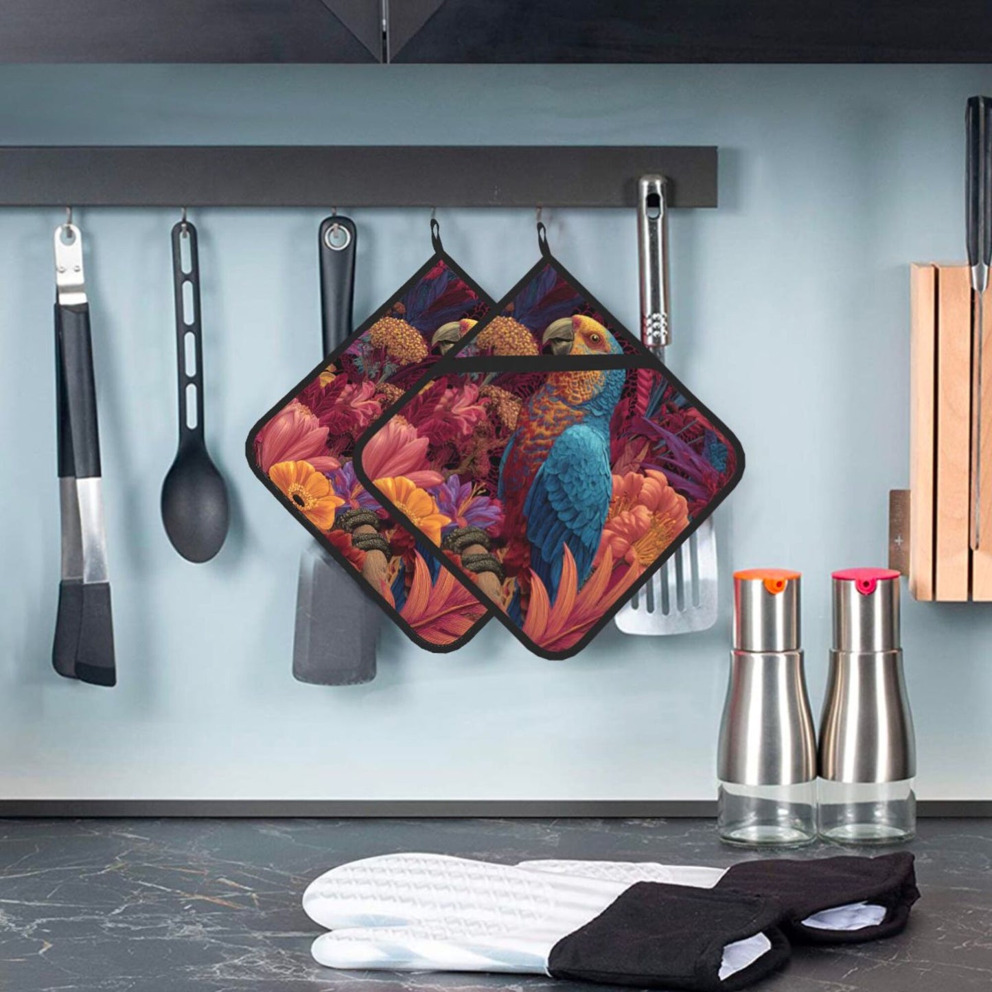 Square Heat Resistant Pads Set of 2 – Kitchen & Dining Protectors with Parrot and Floral Design