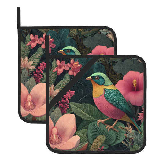 Square Heat Resistant Pads Set of 2 – Kitchen & Dining Protectors with Bird and Floral Artwork