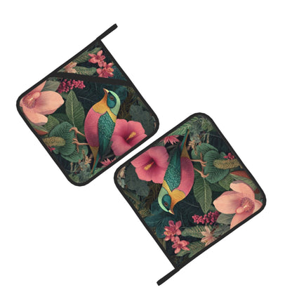Square Heat Resistant Pads Set of 2 – Kitchen & Dining Protectors with Bird and Floral Artwork