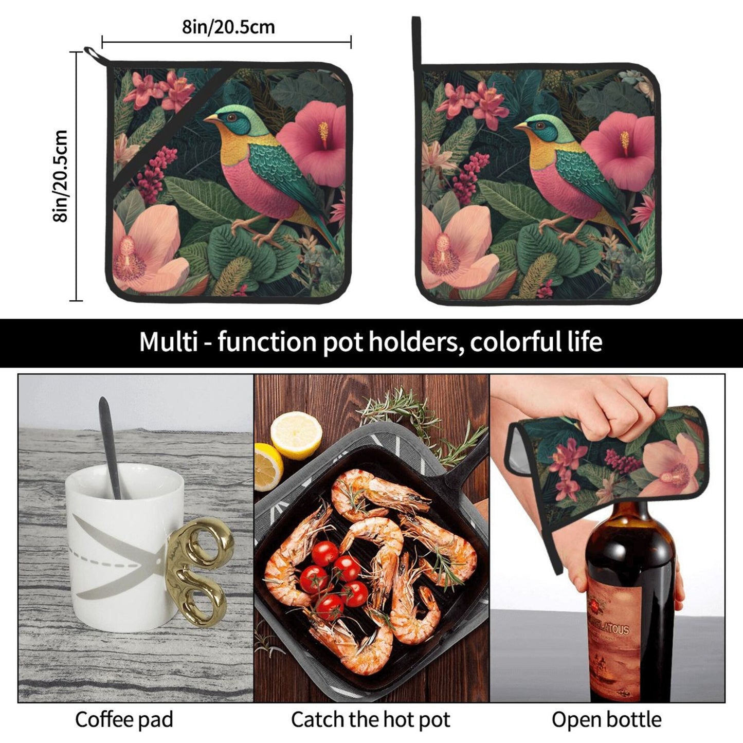 Square Heat Resistant Pads Set of 2 – Kitchen & Dining Protectors with Bird and Floral Artwork