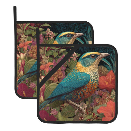 Square Heat Resistant Pads Set of 2 – Multi-Purpose Kitchen & Dining Protectors with Blue-Green Bird & Floral Design