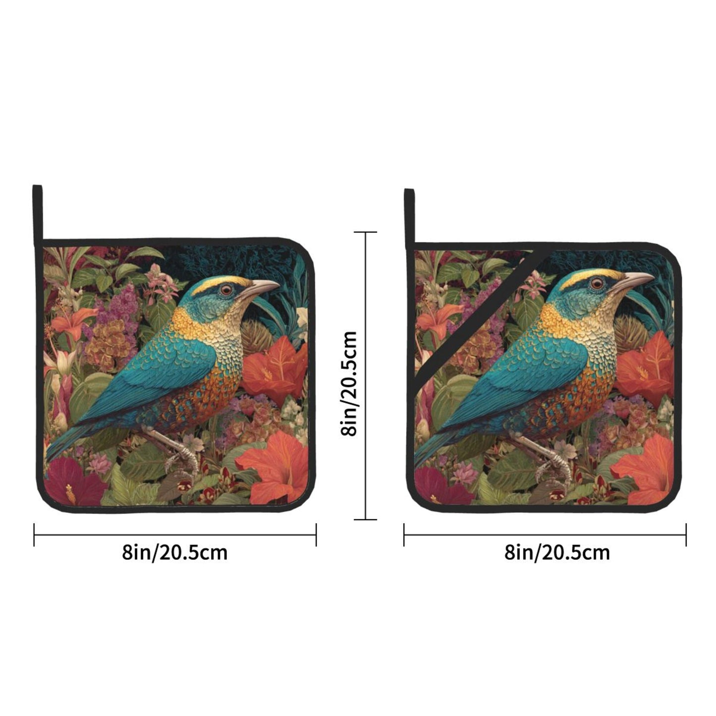 Square Heat Resistant Pads Set of 2 – Multi-Purpose Kitchen & Dining Protectors with Blue-Green Bird & Floral Design
