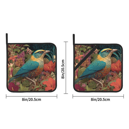 Square Heat Resistant Pads Set of 2 – Multi-Purpose Kitchen & Dining Protectors with Blue-Green Bird & Floral Design
