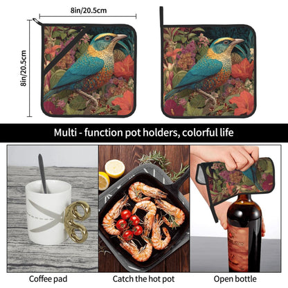 Square Heat Resistant Pads Set of 2 – Multi-Purpose Kitchen & Dining Protectors with Blue-Green Bird & Floral Design