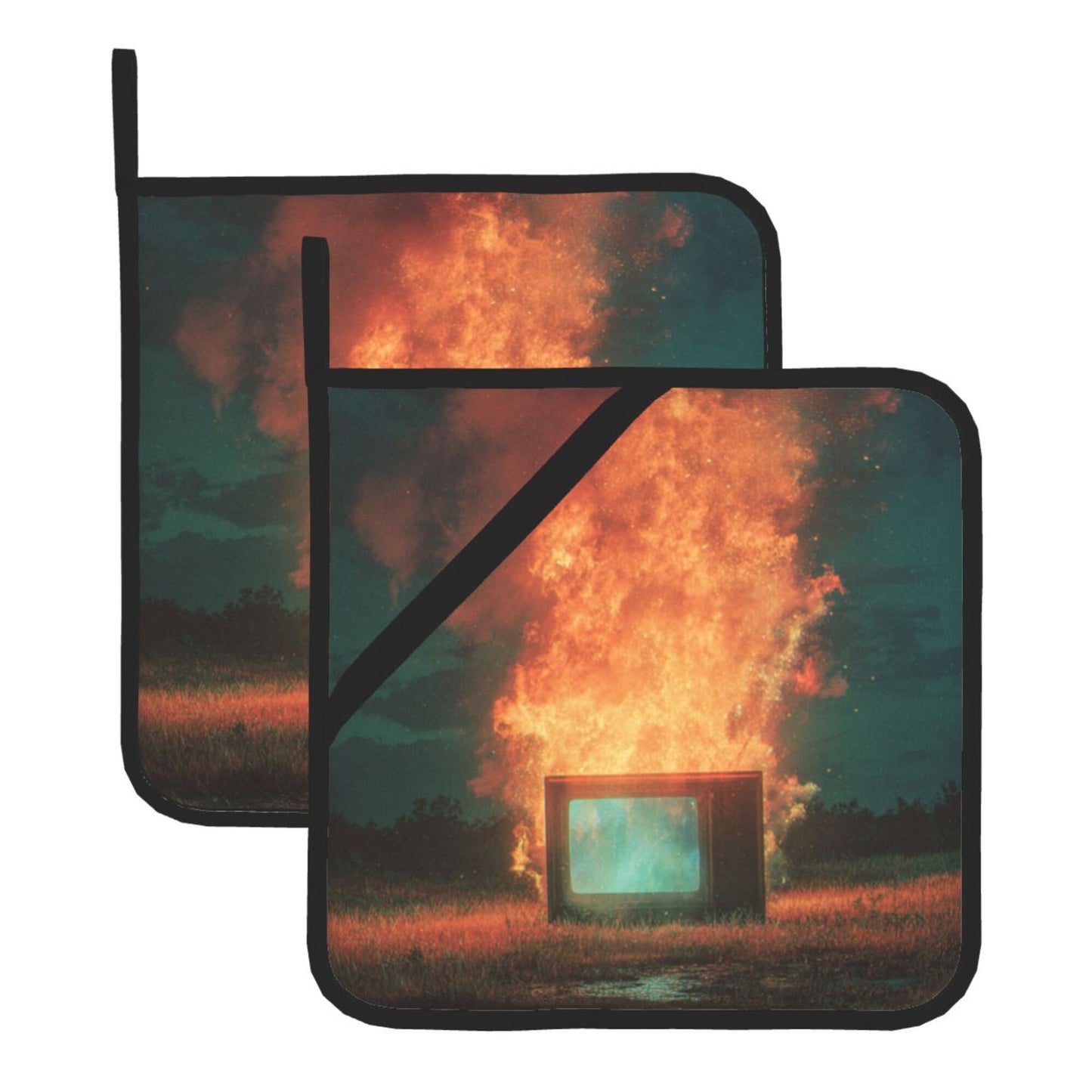 Square Heat Resistant Pads Set of 2 – Burning Installation Art Design, Non-Slip Kitchen & Table Protectors