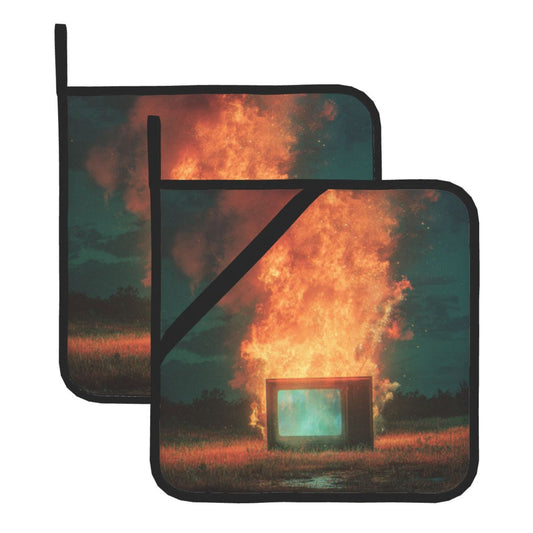 Square Heat Resistant Pads Set of 2 – Burning Installation Art Design, Non-Slip Kitchen & Table Protectors