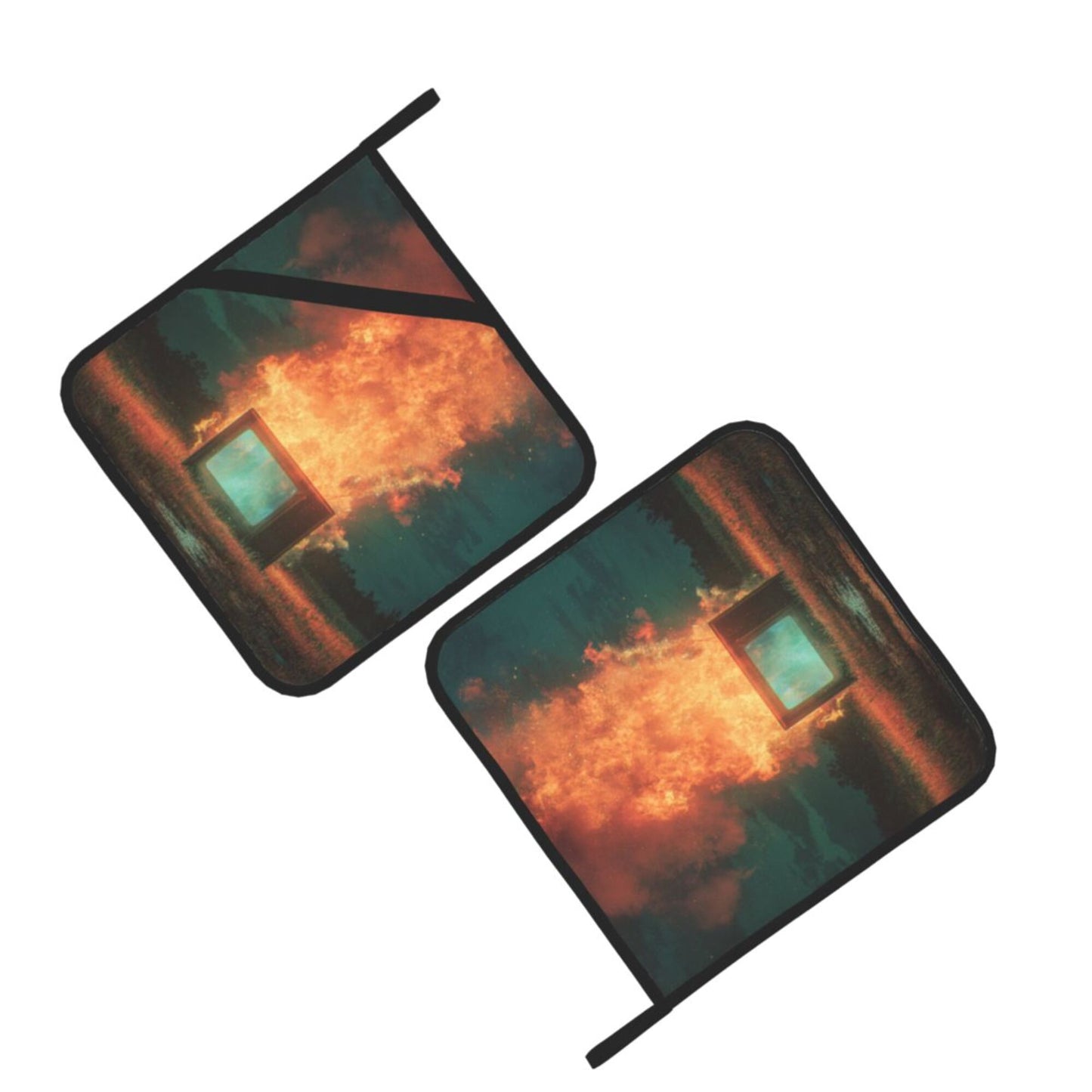 Square Heat Resistant Pads Set of 2 – Burning Installation Art Design, Non-Slip Kitchen & Table Protectors