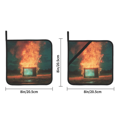 Square Heat Resistant Pads Set of 2 – Burning Installation Art Design, Non-Slip Kitchen & Table Protectors