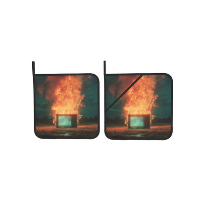 Square Heat Resistant Pads Set of 2 – Burning Installation Art Design, Non-Slip Kitchen & Table Protectors