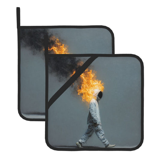 Square Heat Resistant Pads Set of 2 – Walking Flame Man Artistic Design, Non-Slip Kitchen & Dining Protectors