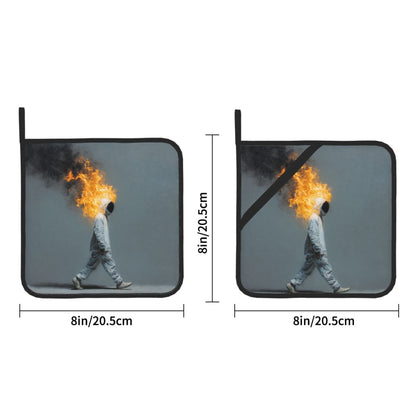 Square Heat Resistant Pads Set of 2 – Walking Flame Man Artistic Design, Non-Slip Kitchen & Dining Protectors