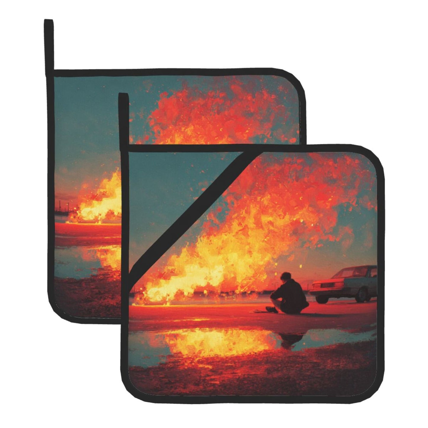 Square Heat Resistant Pads Set of 2 – Flame Street Scene Artistic Design, Non-Slip Kitchen & Dining Protectors