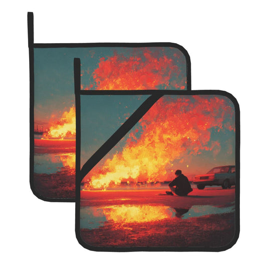 Square Heat Resistant Pads Set of 2 – Flame Street Scene Artistic Design, Non-Slip Kitchen & Dining Protectors