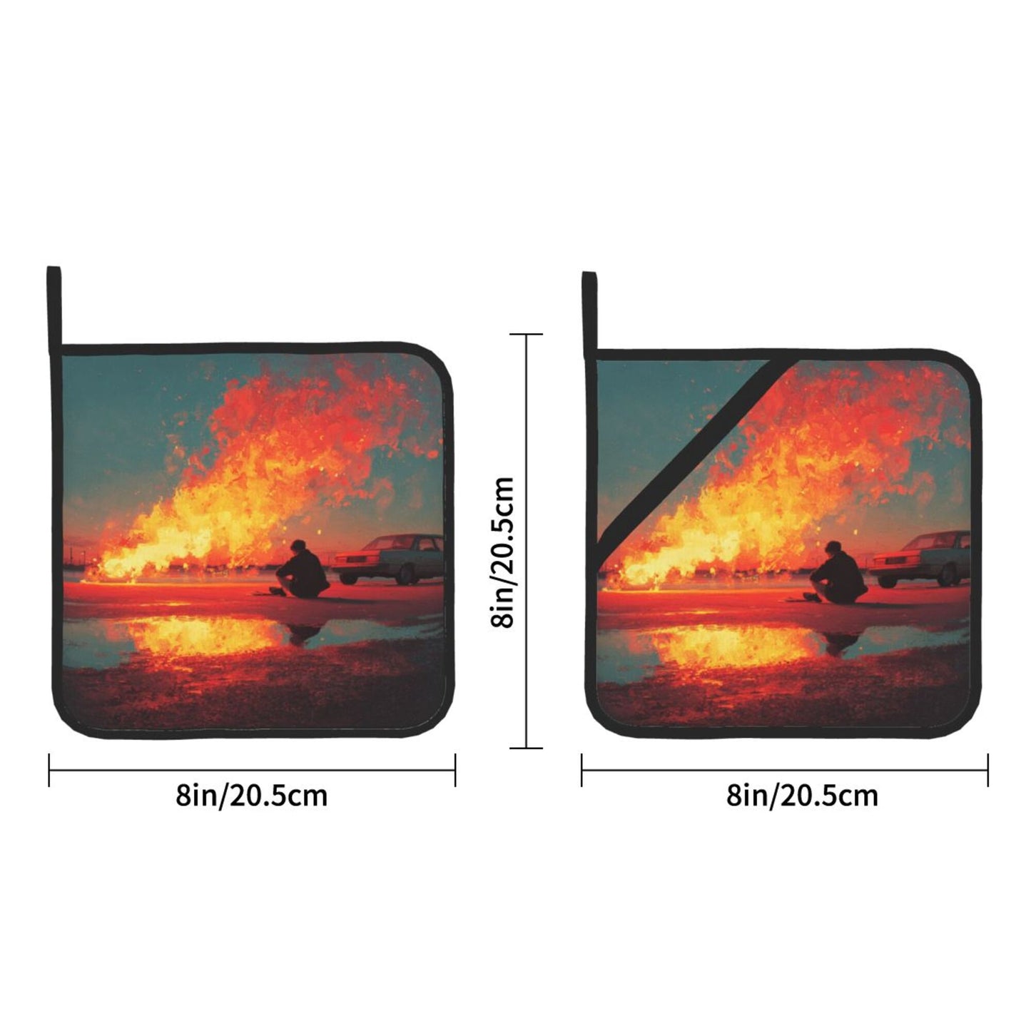 Square Heat Resistant Pads Set of 2 – Flame Street Scene Artistic Design, Non-Slip Kitchen & Dining Protectors