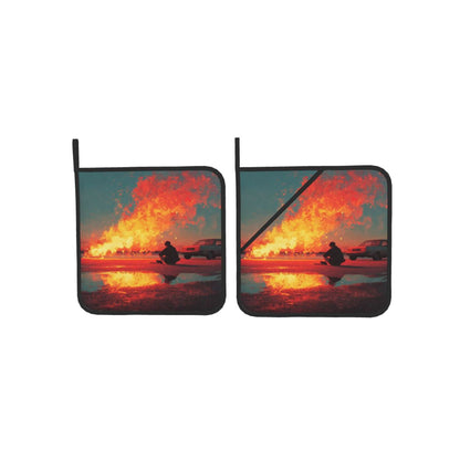 Square Heat Resistant Pads Set of 2 – Flame Street Scene Artistic Design, Non-Slip Kitchen & Dining Protectors